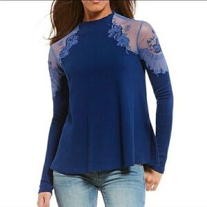Free People NEW Daniella Navy Blue Lace Detail Blouse medium new Floral